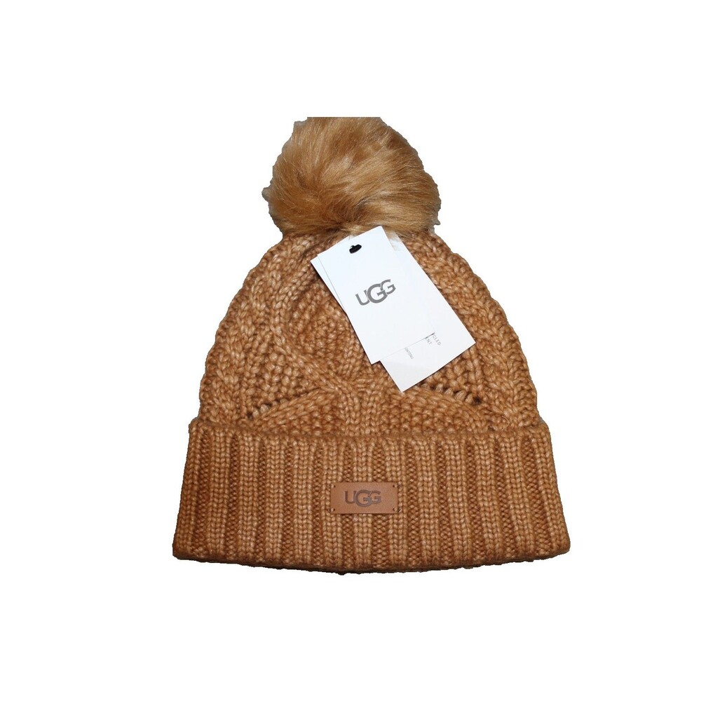 UGG WOMENS GIRL'S CABLE KNIT BEANIE POM HAT OSFA CHESTNUT BROWN